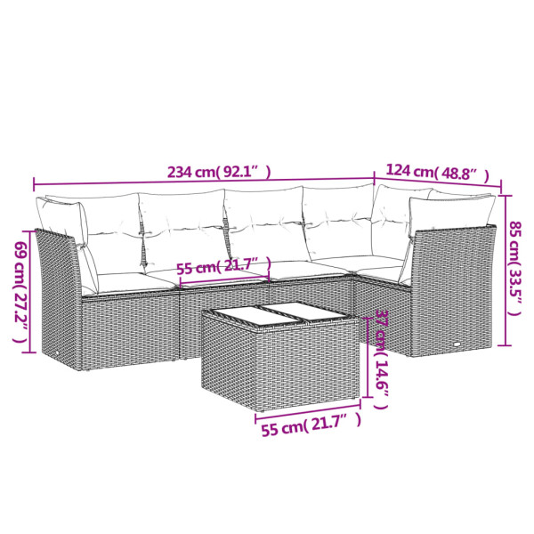 6 pcs conjunto sofás de jardim c/ almofadões vime PE preto M 3