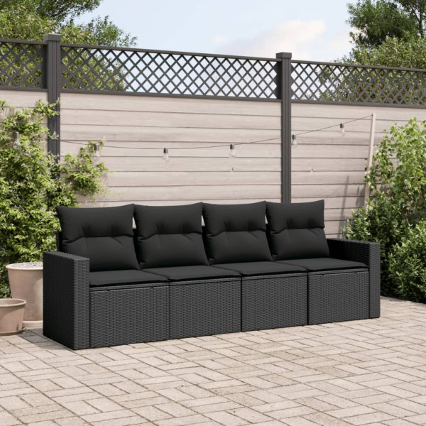 4 pcs conjunto de sofás para jardim c/ almofadões vime PE preto D