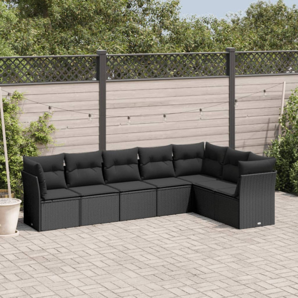 7 pcs conjunto de sofás p/ jardim c/ almofadões vime PE preto D