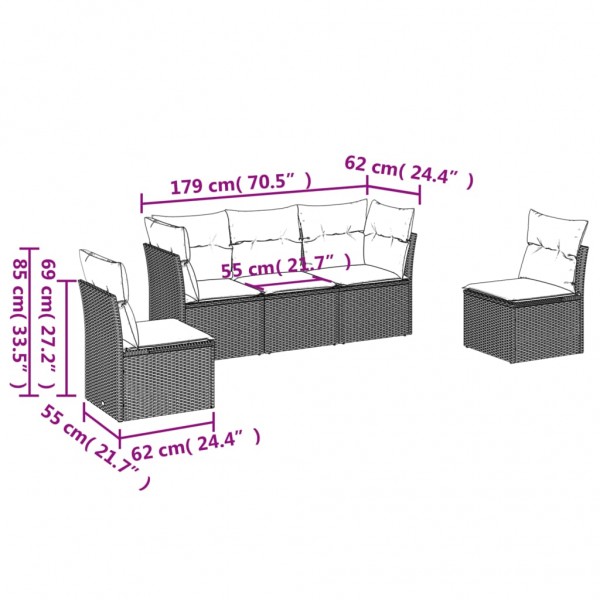 Set de muebles de jardín 5 pzas y cojines ratán sintético negro M 3