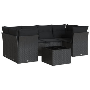 7 pcs conjunto de sofás p/ jardim c/ almofadões vime PE preto H