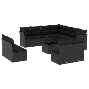 12 pcs conjunto de sofás de jardim c/ almofadões vime PE preto H