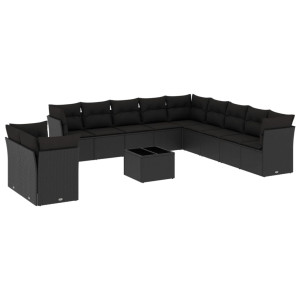 12 pcs conjunto de sofás de jardim c/ almofadões vime PE preto H