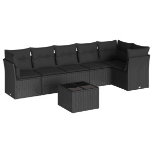 7 pcs conjunto de sofás p/ jardim c/ almofadões vime PE preto H