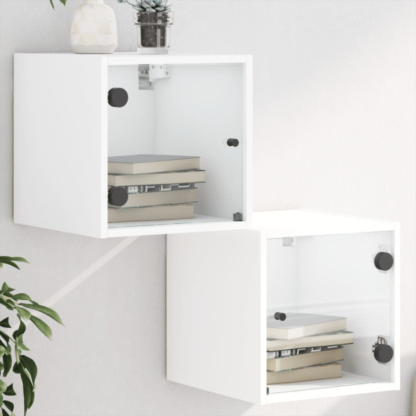 Mesitas de noche con puertas de vidrio 2 uds blanco 35x37x35 cm D