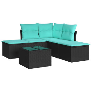 6 pcs conjunto sofás de jardim c/ almofadões vime PE preto H