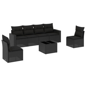 7 pcs conjunto de sofás p/ jardim c/ almofadões vime PE preto H