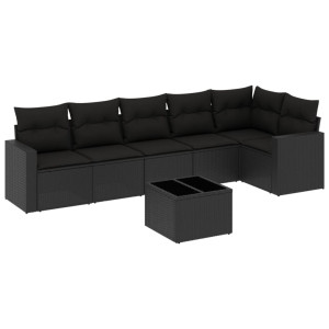 7 pcs conjunto de sofás p/ jardim c/ almofadões vime PE preto H