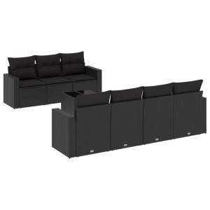 8 pcs conjunto sofás de jardim com almofadões vime PE preto H