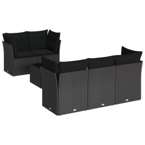 6 pcs conjunto sofás de jardim c/ almofadões vime PE preto H