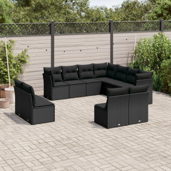 11 pcs conjunto sofás de jardim c/ almofadões vime PE preto D