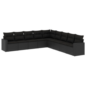 9 pcs conjunto de sofás p/ jardim c/ almofadões vime PE preto H