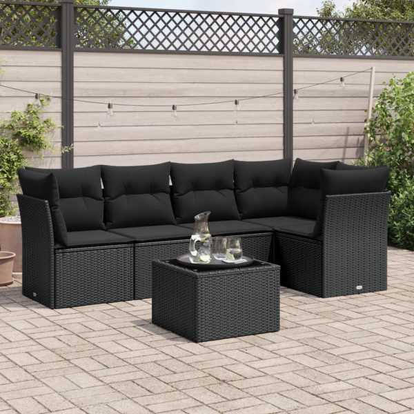 6 pcs conjunto sofás de jardim c/ almofadões vime PE preto D