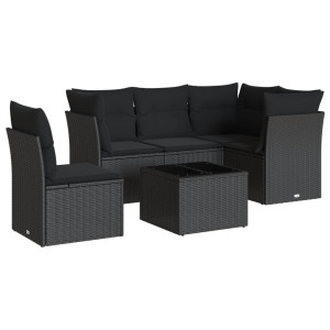 6 pcs conjunto sofás de jardim c/ almofadões vime PE preto H