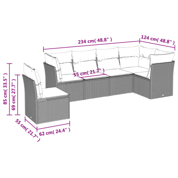 6 pcs conjunto sofás de jardim c/ almofadões vime PE preto M 3