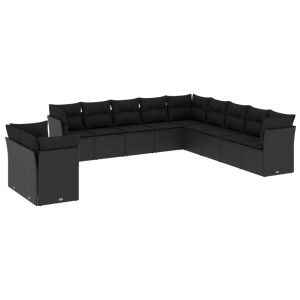 11 pcs conjunto sofás de jardim c/ almofadões vime PE preto H