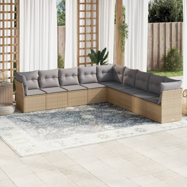 Set de sofás de jardín 9 pzas con cojines ratán sintético beige D