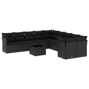 11 pcs conjunto sofás de jardim c/ almofadões vime PE preto H