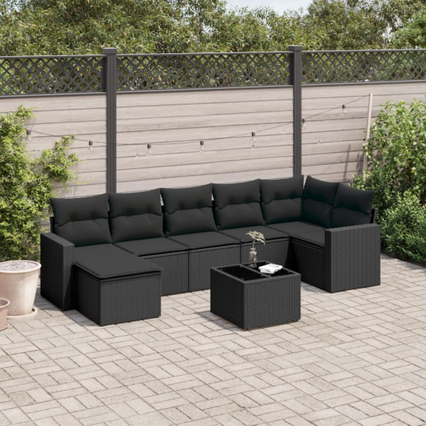 8 pcs conjunto sofás de jardim com almofadões vime PE preto D
