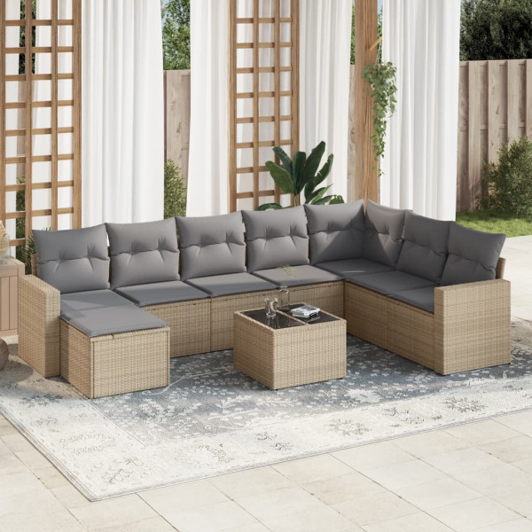 Set de sofás de jardín 9 pzas con cojines ratán sintético beige D