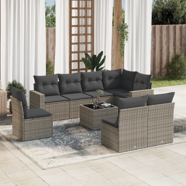 Set de muebles de jardín 9 pzas y cojines ratán sintético gris D