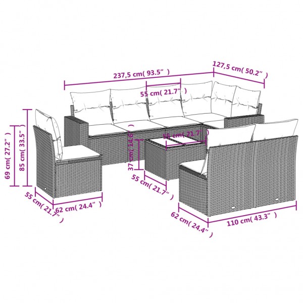 Set de muebles de jardín 9 pzas y cojines ratán sintético gris M 3