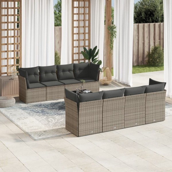 9 pcs conjunto sofás p/ jardim com almofadões vime PE cinzento D