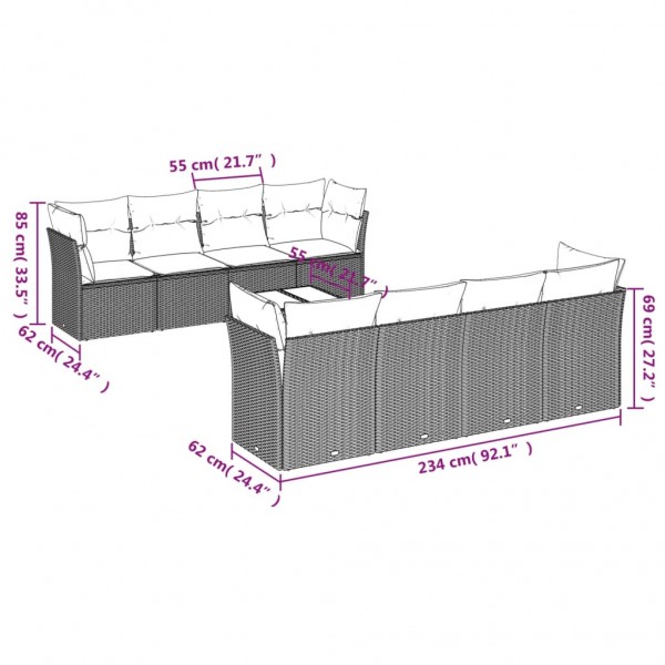 Set de muebles de jardín 9 pzas y cojines ratán sintético gris M 3
