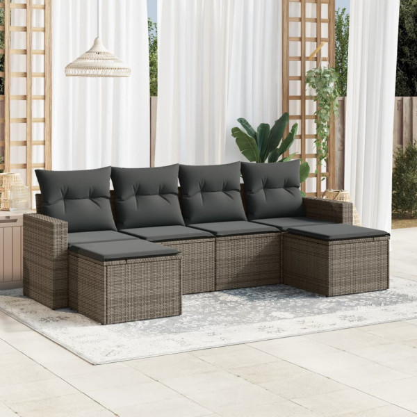 Set de muebles de jardín 6 pzas y cojines ratán sintético gris D