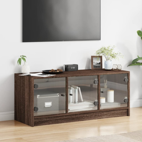 Mueble de TV con puertas de vidrio marrón roble 102x37x42 cm M 3