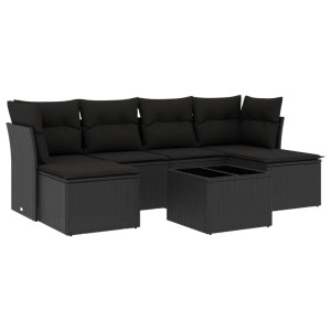 7 pcs conjunto de sofás p/ jardim c/ almofadões vime PE preto H
