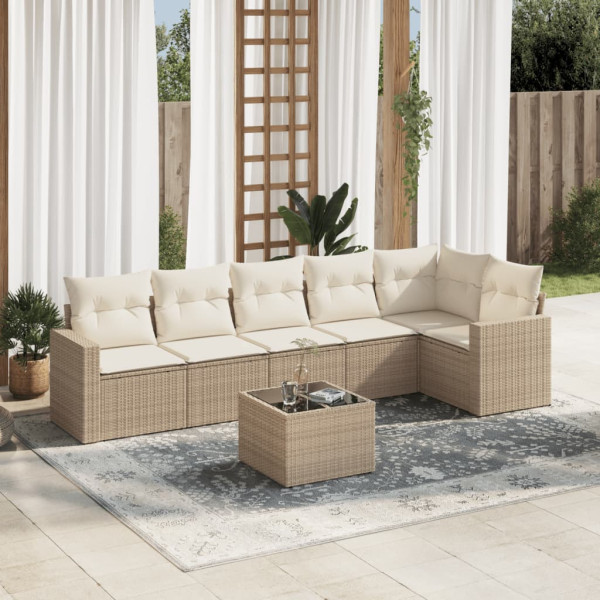 Set sofás de jardín 7 piezas y cojines ratán sintético beige D