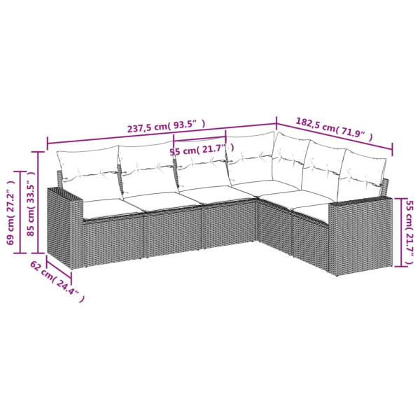 6 pcs conjunto sofás de jardim com almofadões vime cinzento M 3