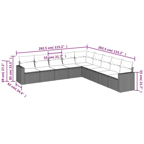 9 pcs conjunto sofás p/ jardim com almofadões vime PE cinzento M 3