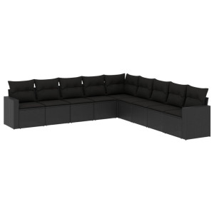 9 pcs conjunto de sofás p/ jardim c/ almofadões vime PE preto H