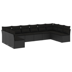 10 pcs conjunto sofás de jardim c/ almofadões vime PE preto H