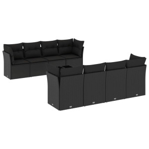9 pcs conjunto de sofás p/ jardim c/ almofadões vime PE preto H