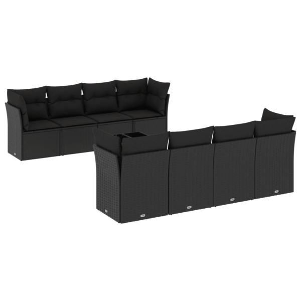 9 pcs conjunto de sofás p/ jardim c/ almofadões vime PE preto M 2