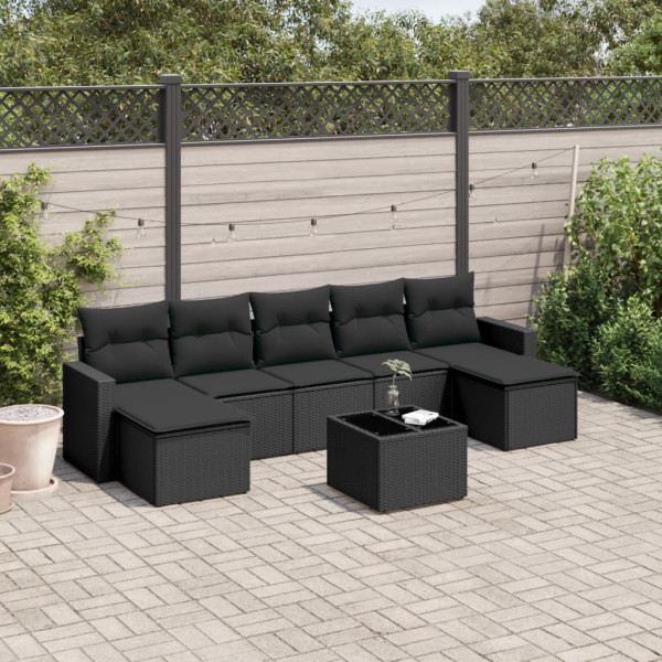 8 pcs conjunto sofás de jardim com almofadões vime PE preto D