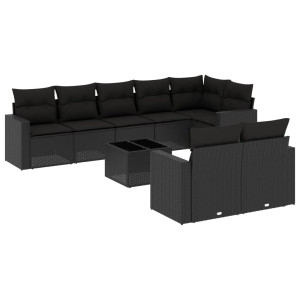 9 pcs conjunto de sofás p/ jardim c/ almofadões vime PE preto H