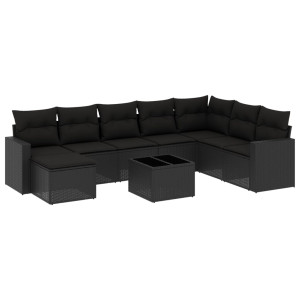 9 pcs conjunto de sofás p/ jardim c/ almofadões vime PE preto H