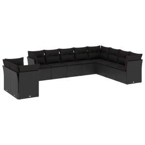 10 pcs conjunto sofás de jardim c/ almofadões vime PE preto H