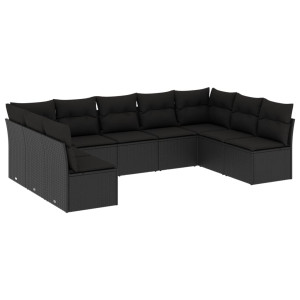 9 pcs conjunto de sofás p/ jardim c/ almofadões vime PE preto H