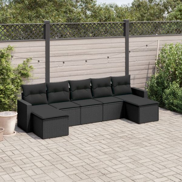 7 pcs conjunto de sofás p/ jardim c/ almofadões vime PE preto D