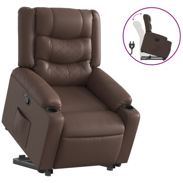 Sillón reclinable elevable cuero sintético marrón M 2
