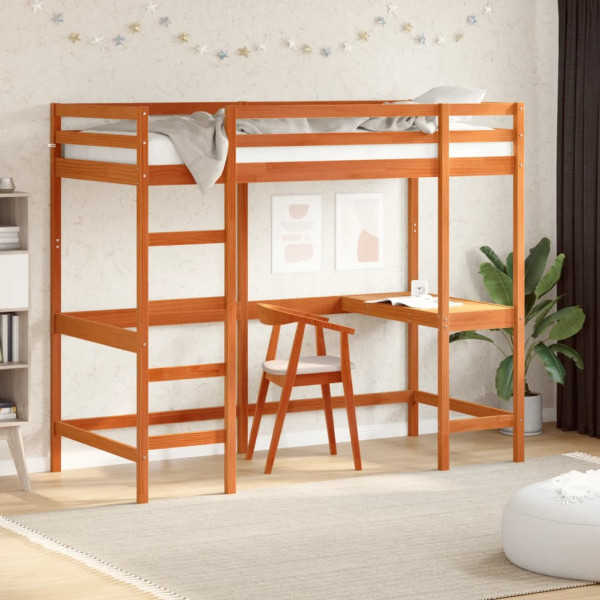Cama alta c/ secretária 90x200 cm pinho maciço castanho-cera M 3