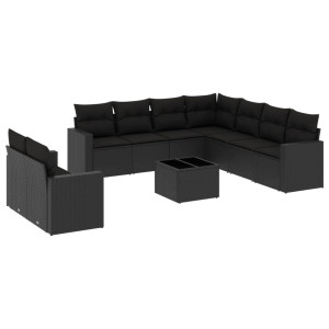 10 pcs conjunto sofás de jardim c/ almofadões vime PE preto H