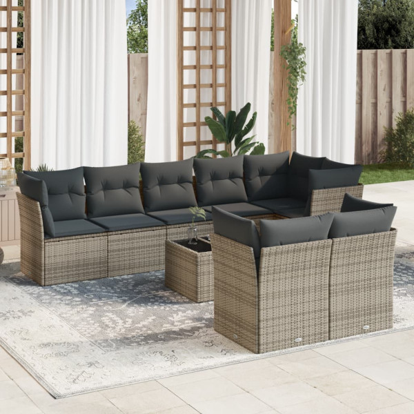9 pcs conjunto sofás p/ jardim com almofadões vime PE cinzento D