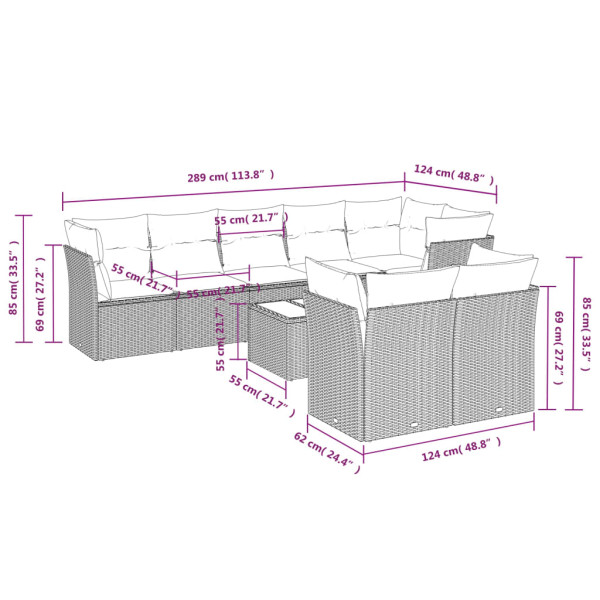 9 pcs conjunto sofás p/ jardim com almofadões vime PE cinzento M 3