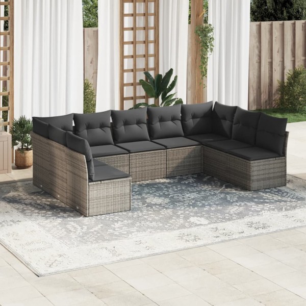Set de muebles de jardín 9 pzas y cojines ratán sintético gris D